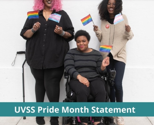 Three Black and disabled folx smile and hold mini flags. On the left, a non-binary person holds both a rainbow pride flag and a transgender pride flag, while a cane rests behind her. In the middle, a non-binary person waves the rainbow flag while in their power wheelchair. On the right, a femme waves both a rainbow and transgender pride flag.